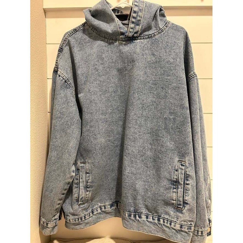 Retro Acid Wash Denim Hoodie Pullover Blue Oversized Jean Jacket 2XL Mens